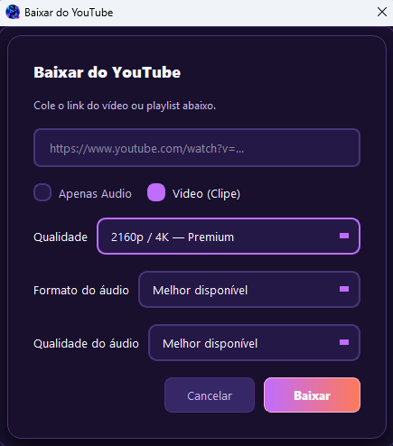 Janela real de download do YouTube no NeonWave Player